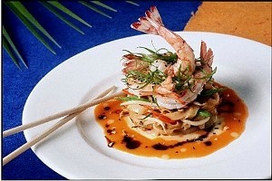 Grilled Shrimp on Bloody Mary Seafood Broth