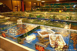 display of prepared seafood dishes